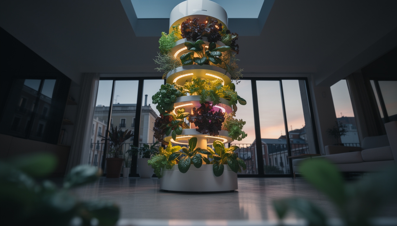 Sistema hidropónico vertical con plantas creciendo bajo luz artificial en un apartamento