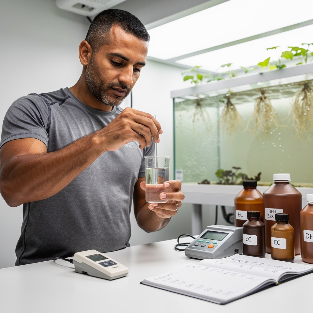 Persona midiendo pH en solución nutritiva para sistema hidropónico casero