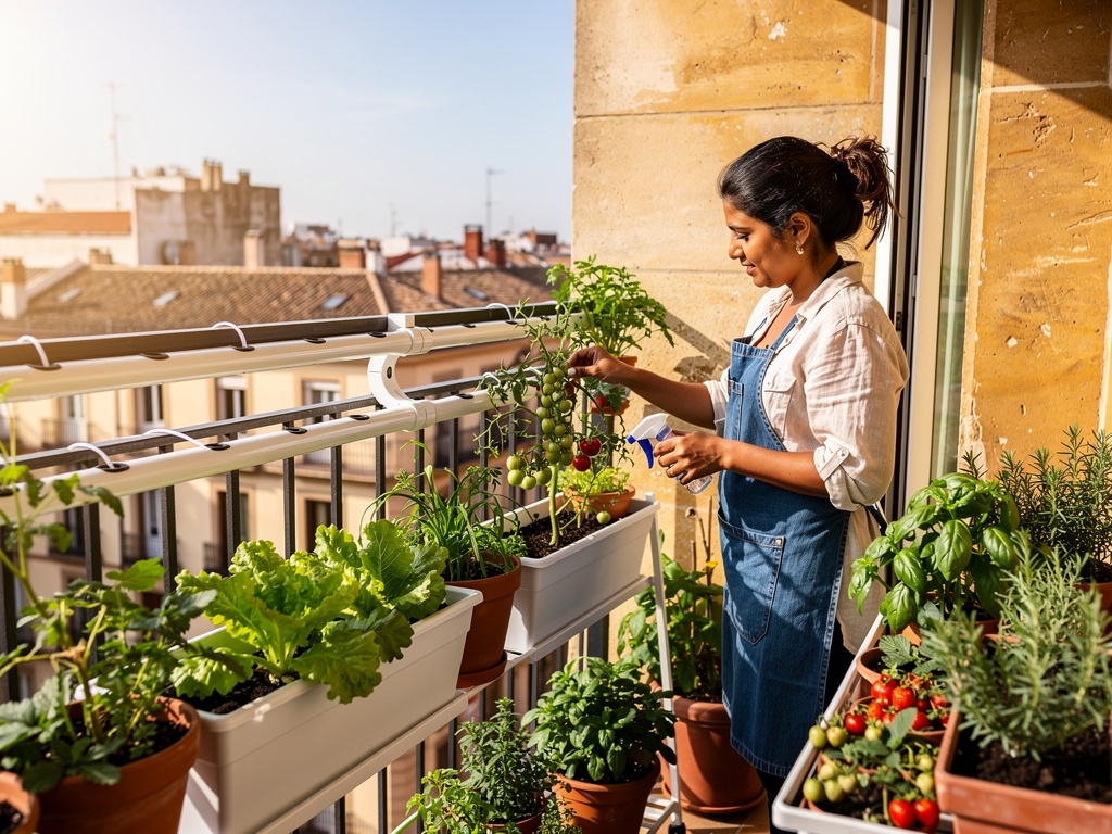 Jardín urbano en balcón con lechugas y hierbas aromáticas en recipientes modulares