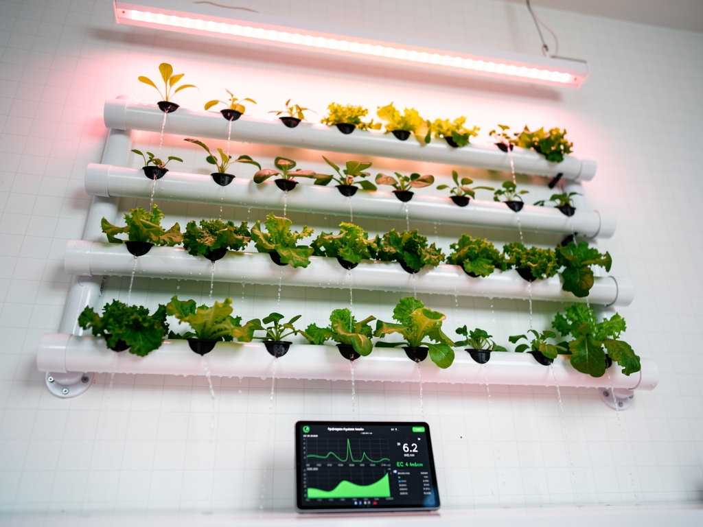 Sistema NFT vertical con lechugas en diferentes etapas de crecimiento